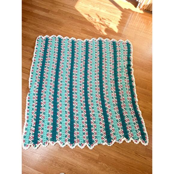 Handmade Crochet Blanket Green Pink Stripe Vintage Afghan Blanket - Picture 1 of 4